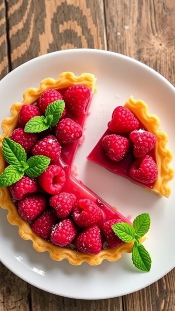 A raspberry tart with a golden crust and fresh raspberries, garnished with mint and powdered sugar on a wooden table.
